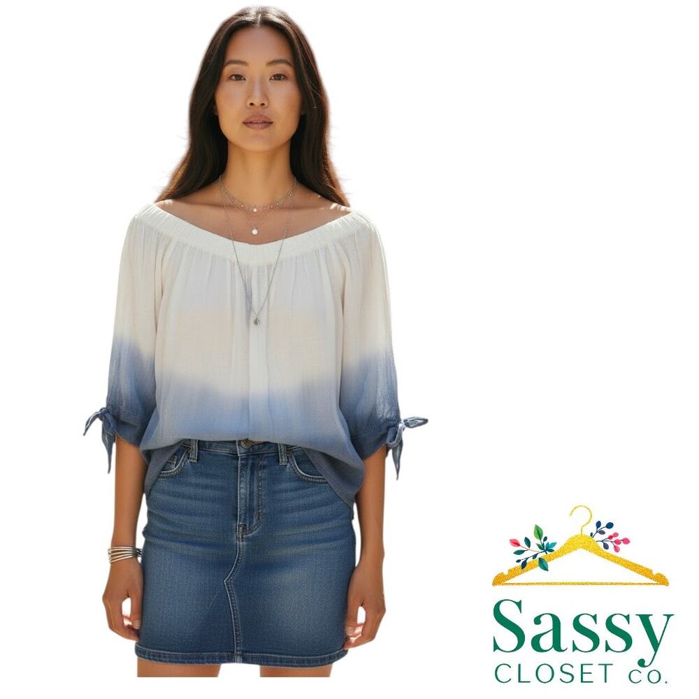 BCX Tie Dye Wide Neck Cotton Blouse Tie Sleeves Festival Top M NWT